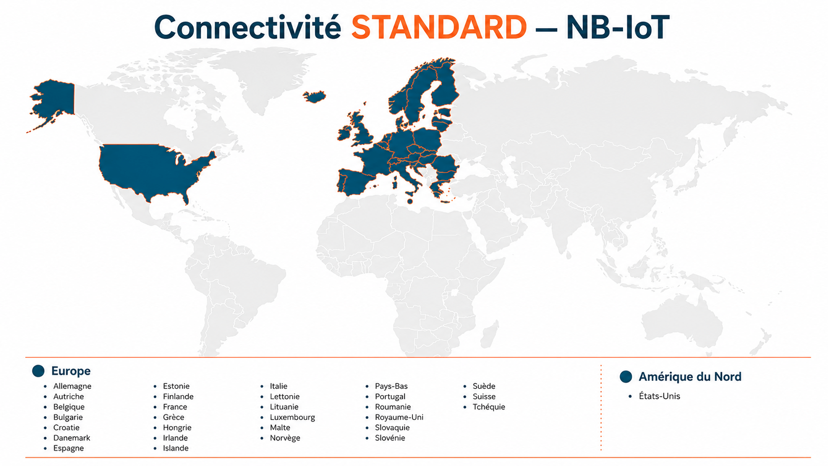 Carte de couverture NB-IoT du plan STANDARD TRAKmy : Europe et États-Unis