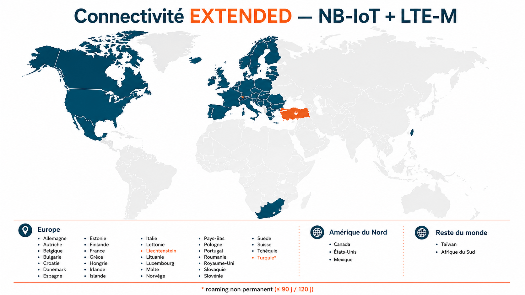 Carte de couverture NB-IoT et LTE-M du plan EXTENDED TRAKmy