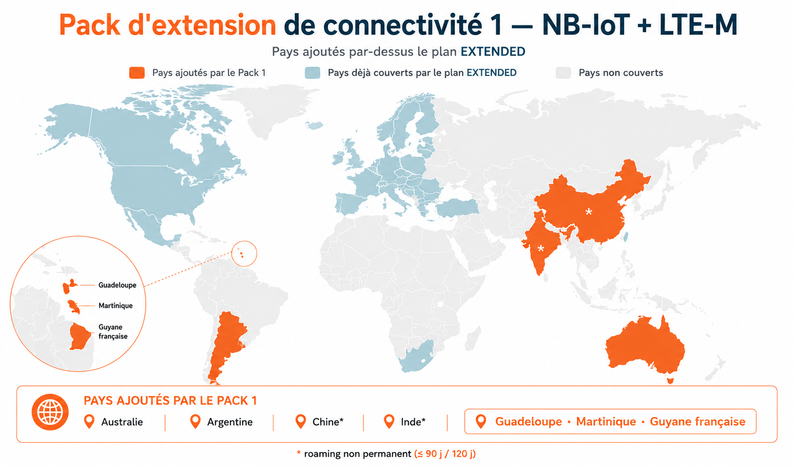 Carte de couverture NB-IoT et LTE-M plan EXTENDED avec Pack d'extension 1 TRAKmy, incluant Guadeloupe, Martinique et Guyane