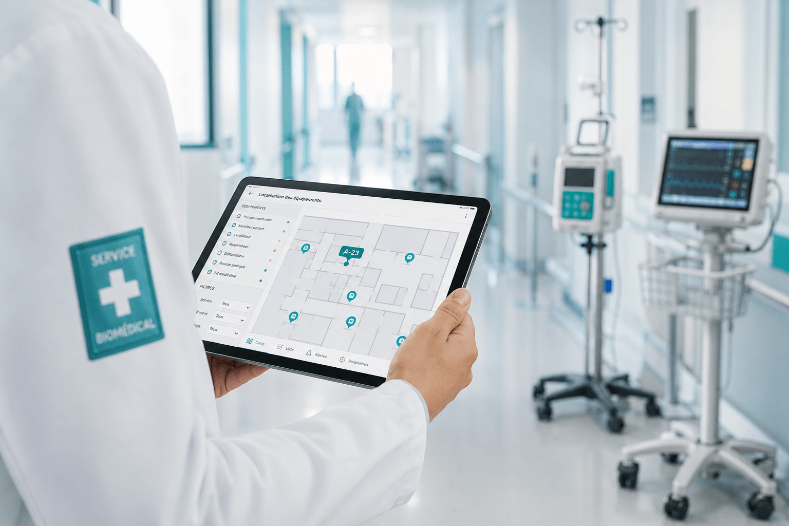 Géolocalisation du matériel médical : un soignant consulte la carte des équipements sur tablette, plateforme TRAKmy